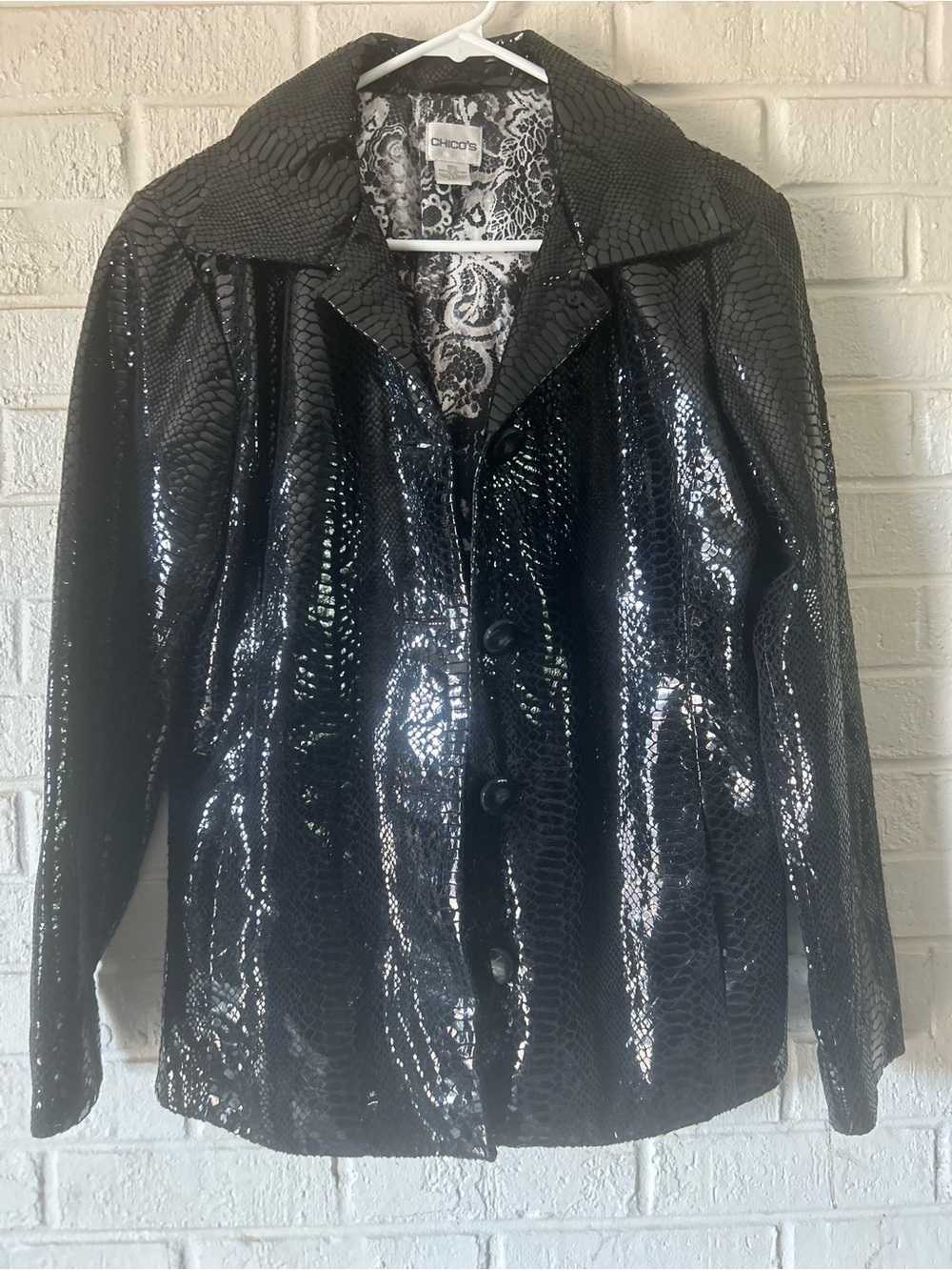 Chico's Snakeskin Patent Leather Womens Jacket Plus Size 1 1X US 8 Black Pockets